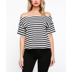 New Navy & Cream Stripe Off-Shoulder Top